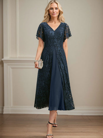A-line V-Neck Tea-Length Lace Chiffon Mother of the Bride Dress