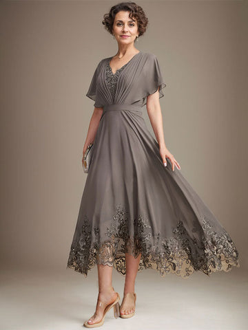 A-line V-Neck Asymmetrical Lace Chiffon Mother of the Bride Dress With Pleated