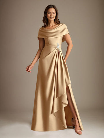 A-Line Scoop Floor-Length Stretch Satin Mother of the Bride Dress With Cascading Ruffles