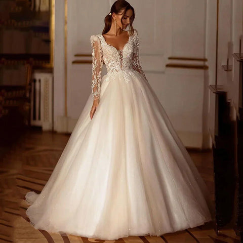 Robe de mariée champagne à paillettes, manches longues, appliques en dentelle, robe de mariée moderne en tulle, vestidos de novia 