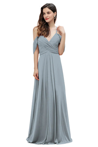 Elegante vestido de dama de honor de gasa corte A con tirantes finos y hombros descubiertos, largo hasta el suelo, ideal para bodas y fiestas.