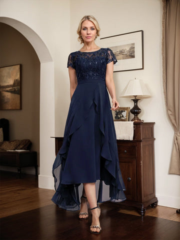 A-line Scoop Illusion Asymmetrical Chiffon Lace Mother of the Bride Dress With Bow Ruffle Sequins