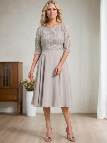 A-line Scoop Knee-Length Lace Chiffon Mother of the Bride Dress