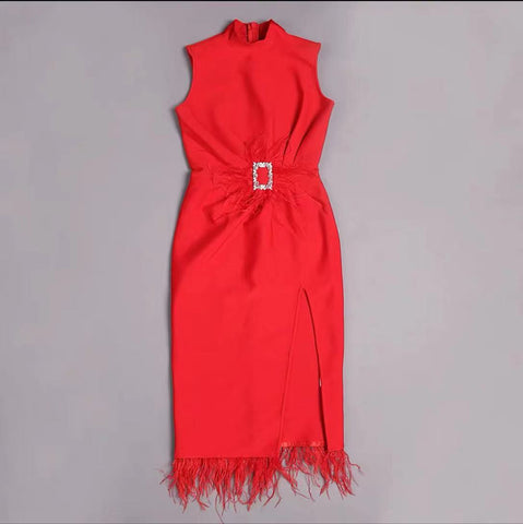 Beaded Belt Bandage Evening Dress Sleeveless Split Feather Party Tight Dress Cocktail