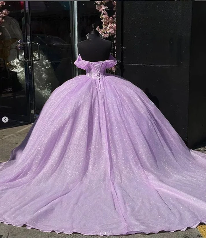 Robe de bal de quinceañera en tulle lilas à paillettes et perles, épaules dénudées, Y7463