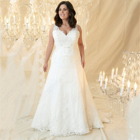 Robes de mariée grandes tailles, col V, sans manches, ornées d'appliques et de perles, style bohème, dos lacé, traîne, confectionnées sur mesure 