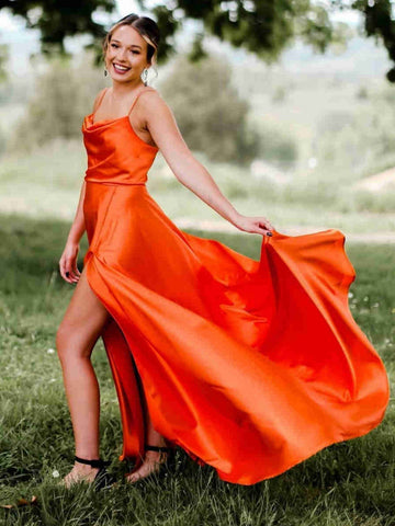 A Line Cowl Neck Satin Prom Dress With Slit
