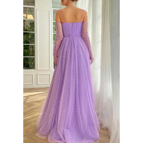 Vestido de fiesta largo de tul con escote en forma de A y tirantes finos con chal