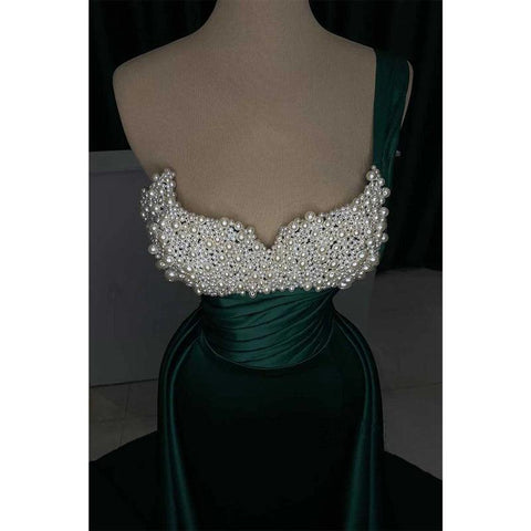 Vestido de noche de satén con hombros descubiertos, cuentas y cola desmontable para fiesta de graduación 