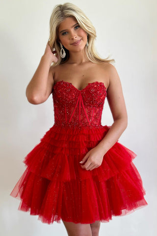 Lindo vestido de fiesta de línea A, escote corazón, corsé rosa claro con volantes