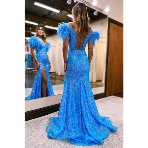 Vestido de fiesta largo de sirena con escote en V, lentejuelas, apliques y plumas, sexy, con abertura