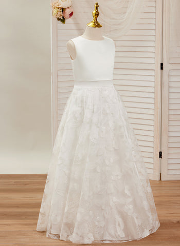 A-line Lace Satin Floor-length Ivory Dress (010146741)