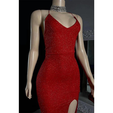 Vestido de fiesta de sirena brillante con tirantes finos y corte negro para chicas