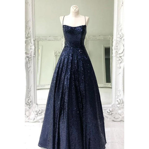 Robe de bal scintillante à paillettes bleu marine unique 