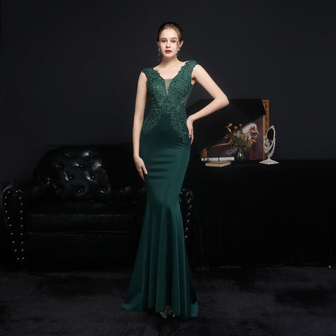 Full Lace European Diamond Toast Bride Fishtail Evening Dress