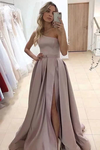 A Line One Shoulder Champagne Long Prom Dress with Slit