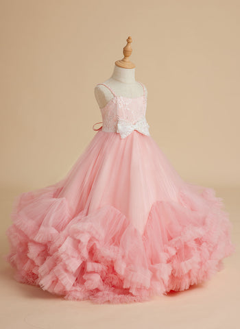 A-line Tulle Floor-length Pink Flower Girl Dress
