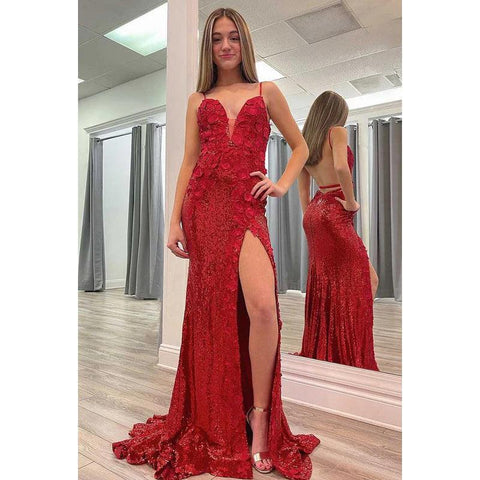 Robe de bal longue à bretelles spaghetti et décolleté en V profond, ornée de paillettes appliquées