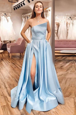 A Line Strapless Blue Long Prom Dress with Slit