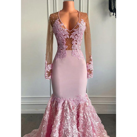 Vestido de fiesta africano de sirena con escote en V, apliques de encaje y mangas largas 