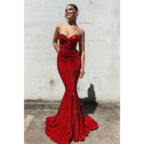 Vestido de fiesta de sirena con lentejuelas y escote corazón y purpurina 