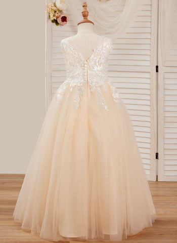 A-line Lace Tulle Floor-length Pink Dress (010226589)