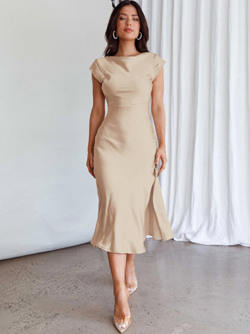 Summer Women High Fork Elegant Dress Sexy Slimming Backless Pure Satin Evening Dress