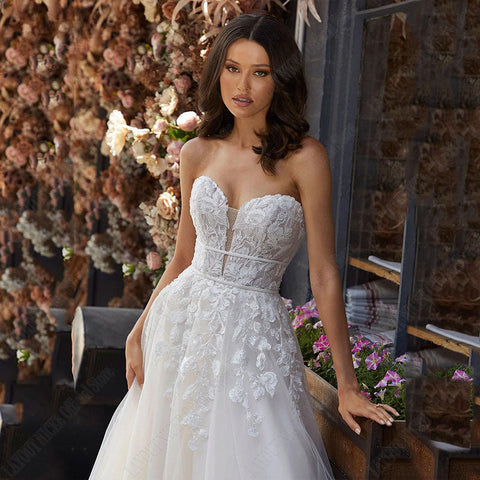 Wedding Dress A Line Removable Long Sleeve Bride Elegant Open Back Lace Bridal Gown Applique Tulle Vestido De Noiva