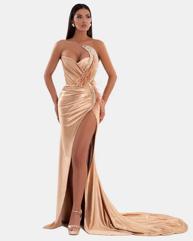 Sexy V-Neck High Slit Pleated Strapless Royal Blue Prom Dress