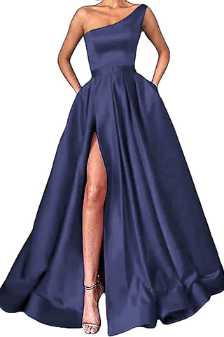 A Line One Shoulder Champagne Long Prom Dress with Slit