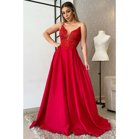 Vestido de noche formal largo con apliques de encaje y tirantes finos para mujer 