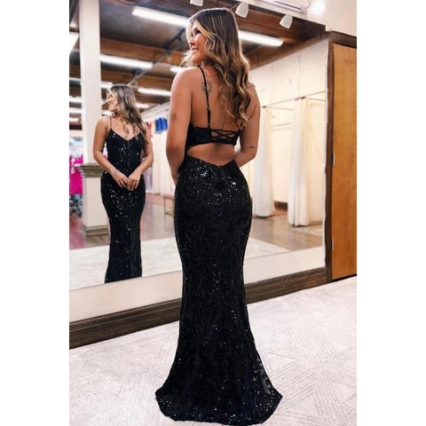 Vestido de noche para fiesta de graduación, sexy y brillante, con tirantes finos, escote en V, espalda descubierta y lentejuelas