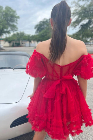 Vestido único de fiesta de bienvenida con corsé de tul fucsia con escote en A y hombros descubiertos