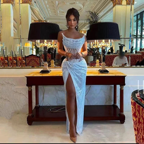 Elegant Crystal Beaded Backless Dress Party Prom Dress