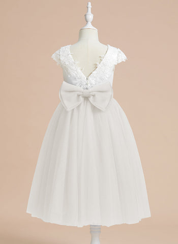 A-line Satin Tulle Tea-length First Communion Flower Girl Dress