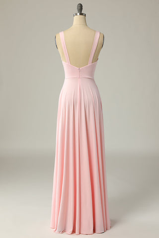 Classic A Line V Neck Yellow Long Prom Dress with Split Front