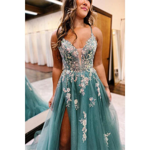 Vestido de noche para fiesta de graduación, corte en A, escote en forma de corazón, tirantes finos, apliques y abertura lateral 