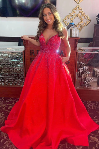 A Line Spaghetti Straps Red Long Prom Dress with Beading