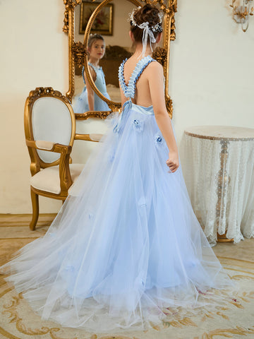Ball-Gown/Princess Tulle Sweep Train Blue Flower Girl Dress