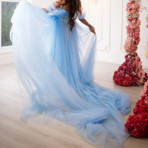Chic Sky Blue Tulle Maternity Dress with Train - Ideal for Baby Shower Photoshoots