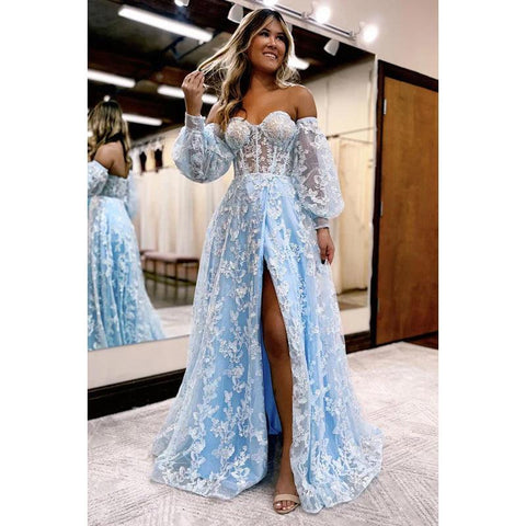 Vestido de fiesta formal glamuroso, dramático, sin mangas, con escote en forma de A, abertura y apliques