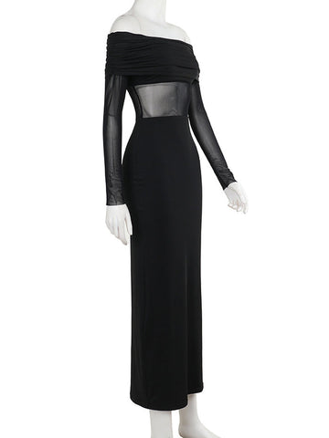 Long Sleeves Skinny Pleated See-Through Solid Color Split-Joint Off-The-Shoulder Evening Dresses Maxi Dresses