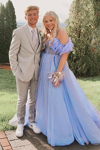 A Line Off the Shoulder Blue Long Prom Dress with Feather