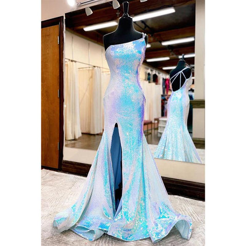 Robe de bal unique à une épaule, paillettes scintillantes et fente 