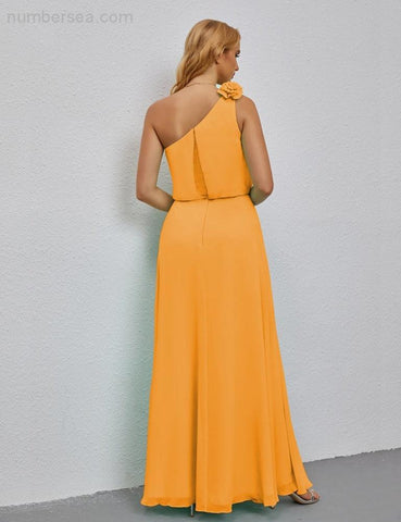 Robe de demoiselle d'honneur longue sans manches à volants et à une épaule, coupe trapèze, robe de soirée formelle fendue sur le côté 28080 