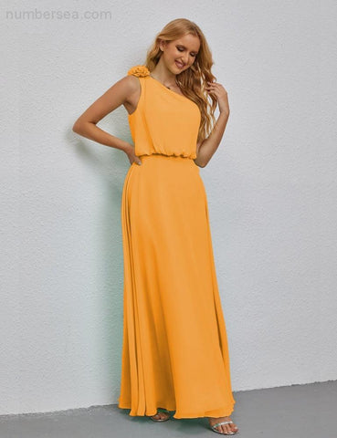 Robe de demoiselle d'honneur longue sans manches à volants et à une épaule, coupe trapèze, robe de soirée formelle fendue sur le côté 28080 