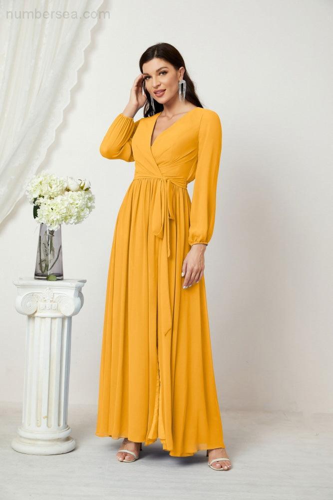 Numbersea Evening Dresses Deep V-Neck Chiffon Bridesmaid Dresses Long Bishop Sleeve Side Split Formal Dress 2806