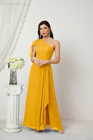 Robe de demoiselle d'honneur longue en mousseline de soie à volants et à une épaule, coupe trapèze, robe de soirée formelle fendue sur le côté, 2809