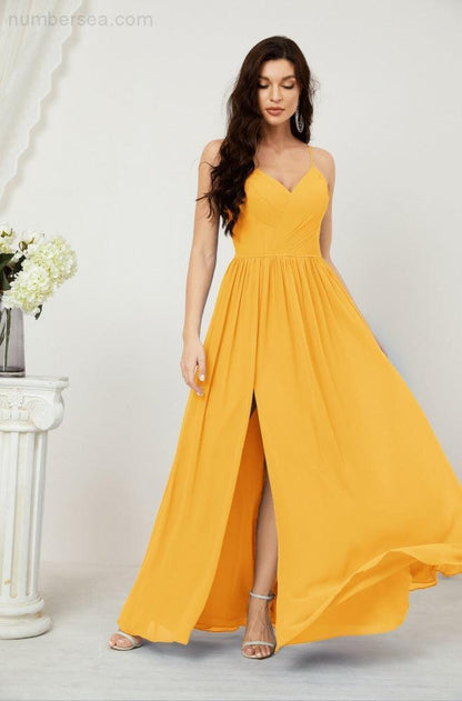 Numbersea  Neck Bridesmaid Dresses Chiffon Long Spaghetti A-line Formal Prom Gown for Wedding Party Evening 2801