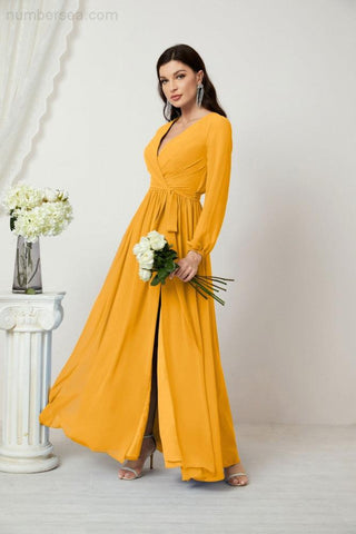 Sunnderly Evening Dresses Deep V-Neck Chiffon Bridesmaid Dresses Long Bishop Sleeve Side Split Formal Dress SY2806
